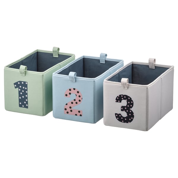 Three fabric storage boxes arranged in a row, labelled with colourful polka-dotted numbers 1, 2, and 3 in green, light blue, and grey.