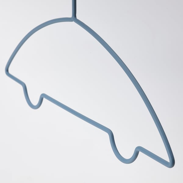 Blue wire hanger shaped like a car, designed for kids clothes, anti-slip surface.