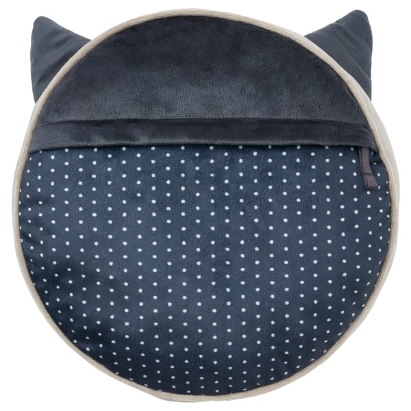 Blue polka dot cat-shaped pillow with dark ears and pocket detail, made from polyester.