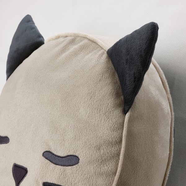Plush cat pillow, black markings, quality stitching.