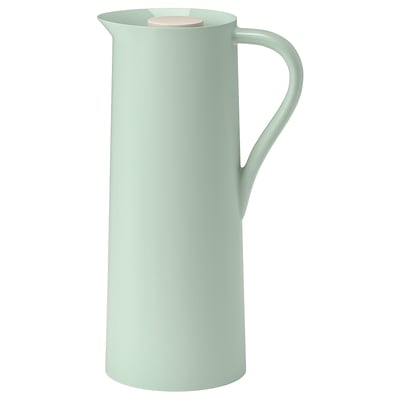 Greenish vacuum flask with pallid wooden lid, handle, and cylindrical shape.
