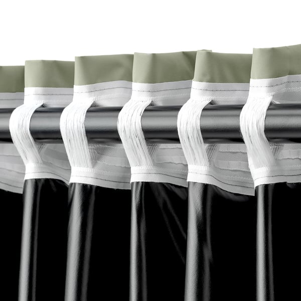 Blackout curtains with white heading tape for easy hanging, showing rod pocket detail.