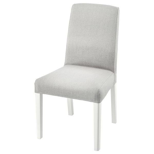 Modern BERGMUND chair, silver-white, high back, sleek legs, soft, breathable upholstery.