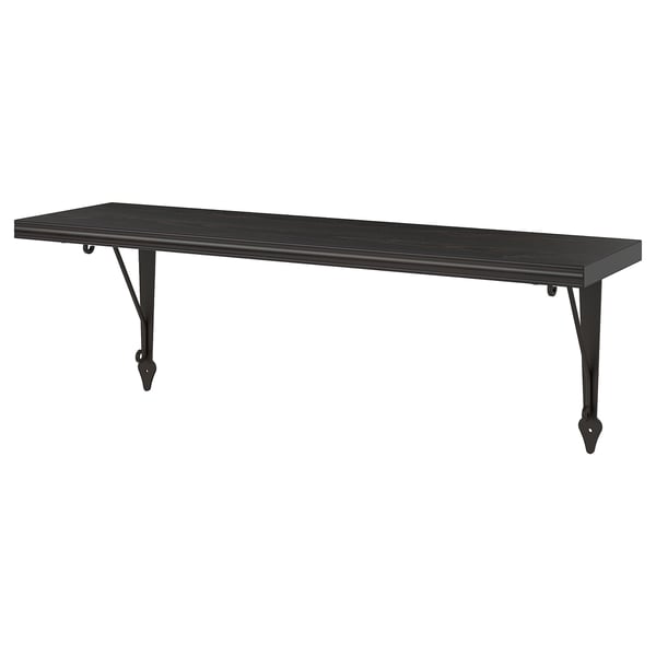 Black wall shelf BERGSHULT. Rectangular with bevelled edge, made of particleboard and metal legs.