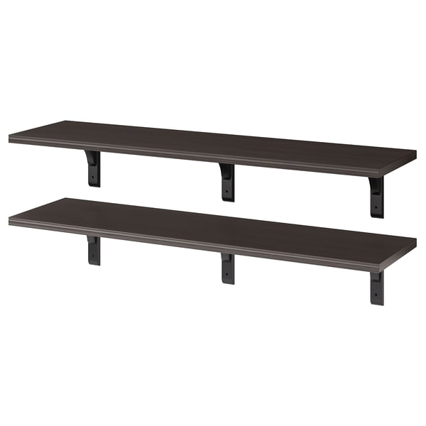 Two black wall shelves, rectangular shape, with bevelled and smooth edges, supported by metal brackets.