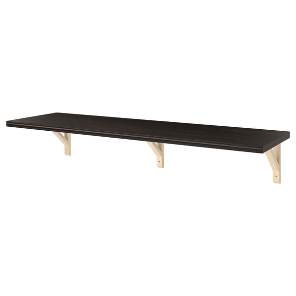 A black BERGSHULT wall shelf. Its rectangular with beveled and smooth edges, supported by light wooden brackets.