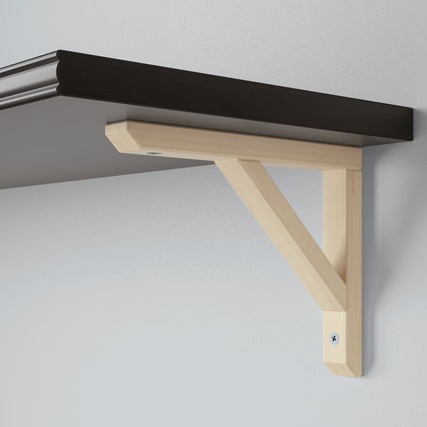 Light wood shelf bracket supports black shelf. Clean design, sturdy construction.