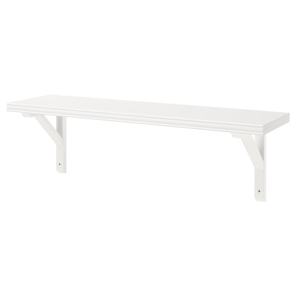 A white BERGSHULT wall shelf with a smooth and bevelled edge, supported by wooden brackets.