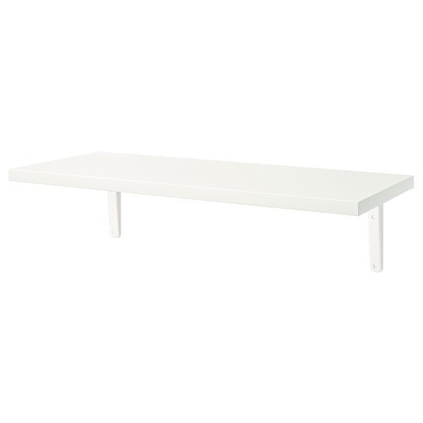 A white wall shelf named BERGSHULT, rectangular in shape, with a bevelled and smooth edge design, supported by two metal brackets.