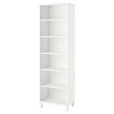 A white BESTÅ bookcase with five adjustable shelves and four legs, designed for versatile storage.