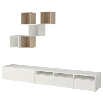 Modern BESTÅ storage combo: white with oak effect, rectangular shapes, mixed open/closed shelving.