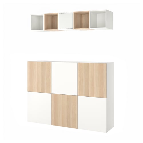 White BESTÅ storage combo with light wood doors, modern minimalist design.