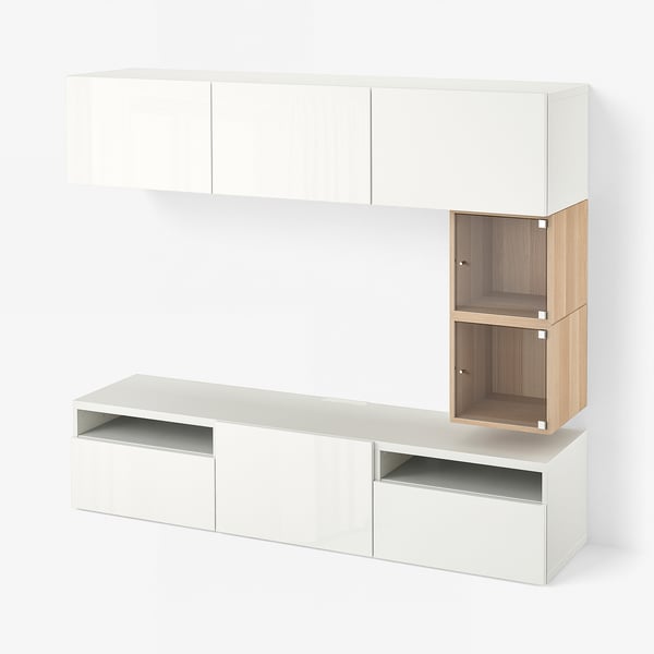 BESTÅ / EKET TV bench, white/Selsviken high-gloss/white, 180x42x166 cm