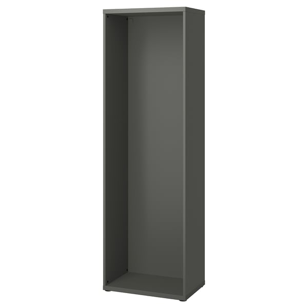 Dark gray ikea BESTÅ shelving unit. Tall, rectangular, and open, made of metal and particleboard.