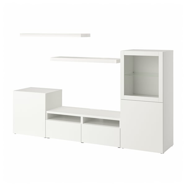 White BESTÅ tv unit with shelves and glass cabinet.