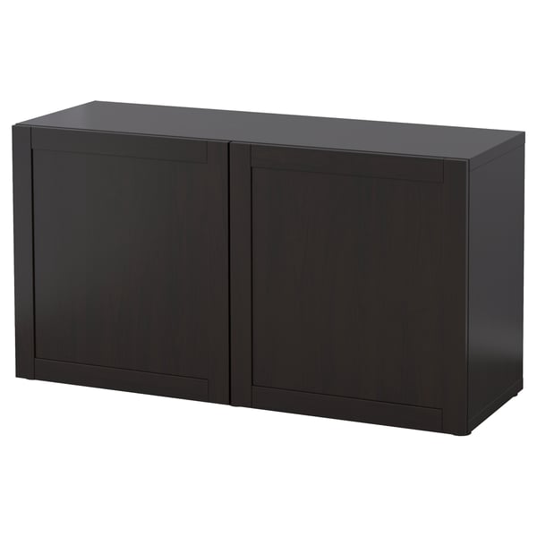 Black BESTÅ storage unit, rectangular, with two hidden compartments, glossy finish.