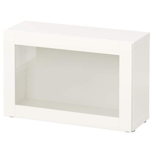 White BESTÅ storage unit. Rectangle shape with glass door, modern minimalist design.