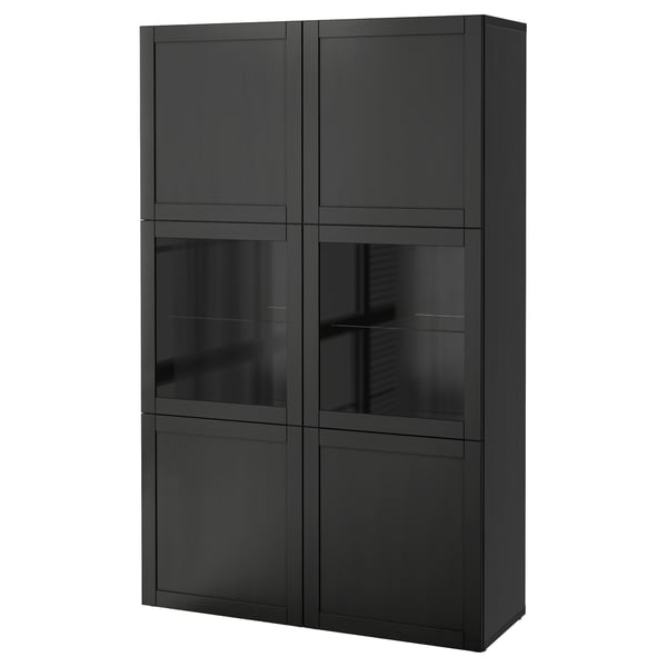 Black BESTÅ cabinet with glass doors and dark interior, modern and sleek design.