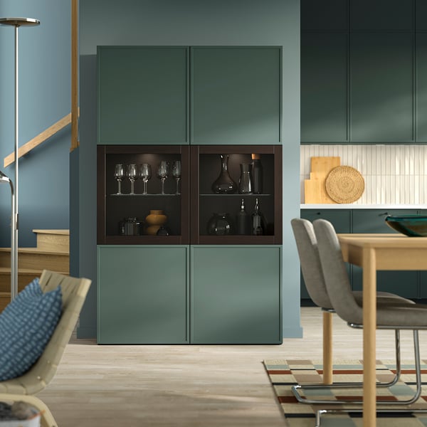 BESTÅ Storage combination w glass doors, black-brown/Krukmakare dark grey-green, 120x42x193 cm