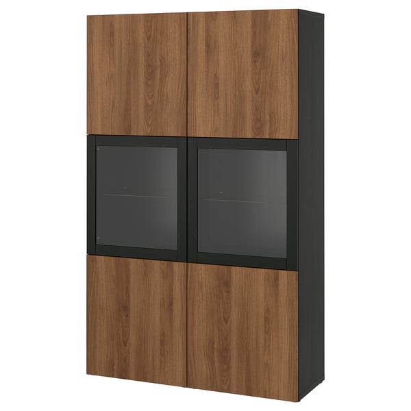 Brown & black wooden cabinet with glass doors.