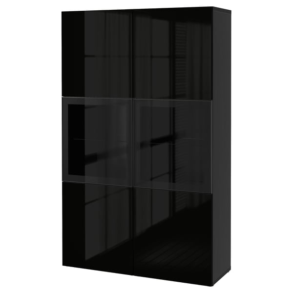 Black BESTÅ cabinet, glossy finish, rectangular shape, four glass doors, two shelves.