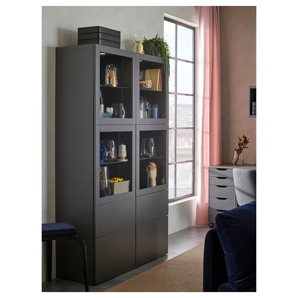 BESTÅ Storage combination w glass doors, dark grey Lappviken/Sindvik dark grey, 60x42x193 cm