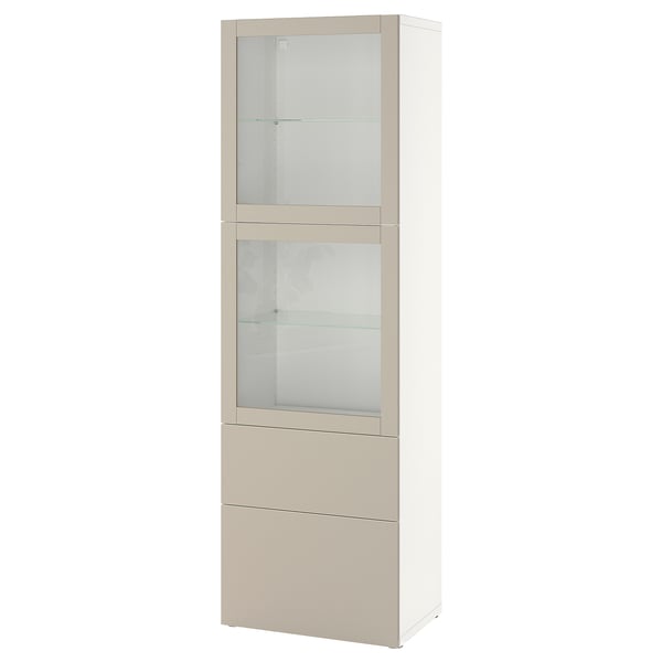 White BESTÅ cabinet, modern, tall, with glass doors and drawers, quality storage.