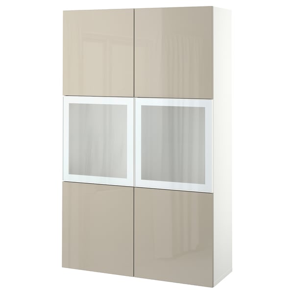 A beige BESTÅ storage unit with glass doors. It has a modern design, featuring adjustable shelves and a glossy finish.