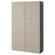 Modern beige BESTÅ storage cabinet with four doors, rectangular shape. Adjustable shelves, soft-closing/push-open doors.