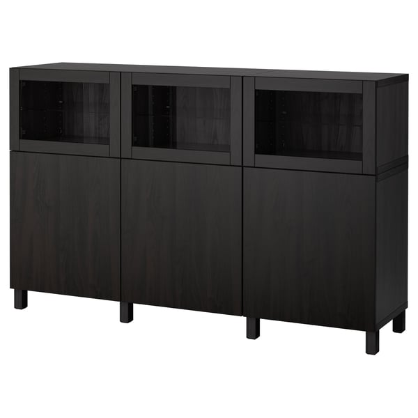 Black BESTÅ storage unit, dark wood design, two shelves, four doors, glass display top.
