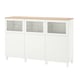 White BESTÅ cabinet: modern, wooden top, glass doors, adjustable shelves, four legs.