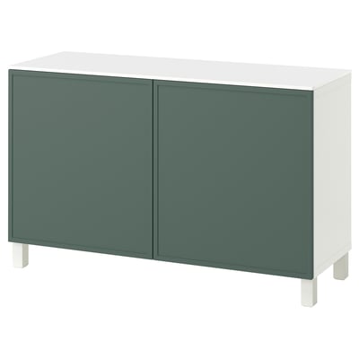 White BESTÅ sideboard with green accents, two doors, adjustable shelves, four white legs.