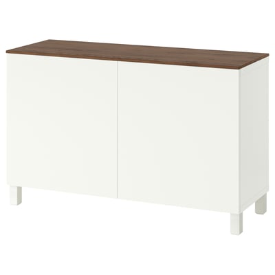 White BESTÅ sideboard with wooden top, square legs, two doors for storage.
