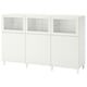 A white BESTÅ sideboard with glass doors and cabinet storage, featuring a sleek design and adjustable shelves.