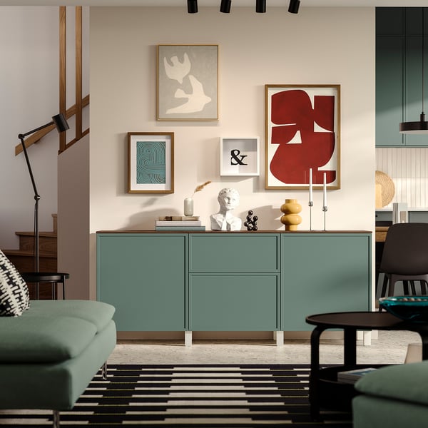 BESTÅ Storage combination with drawers, white/Krukmakare dark grey-green, 180x42x75 cm