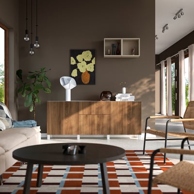 BESTÅ Storage combination with drawers, white Lappviken/Stubbarp/brown walnut effect, 180x42x74 cm