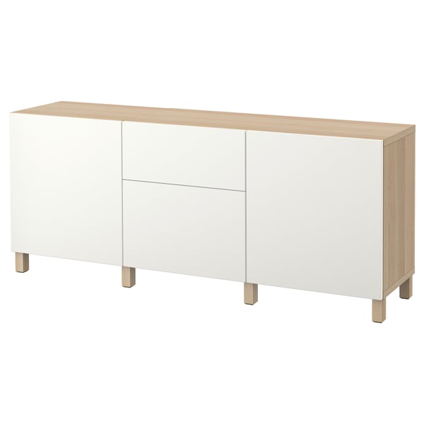 Modern white & oak sideboard, 3 section, 2 drawers, light wood legs.