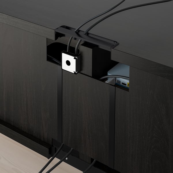 Black tv bench with cable management. Soft-close drawer, adjustable runners. Cables hidden behind unit.