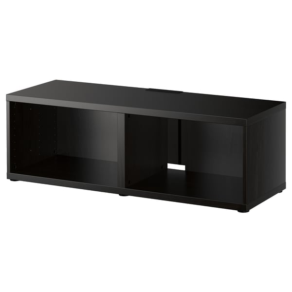 A black-brown BESTÅ tv console with open compartments, designed for storage and cable management.