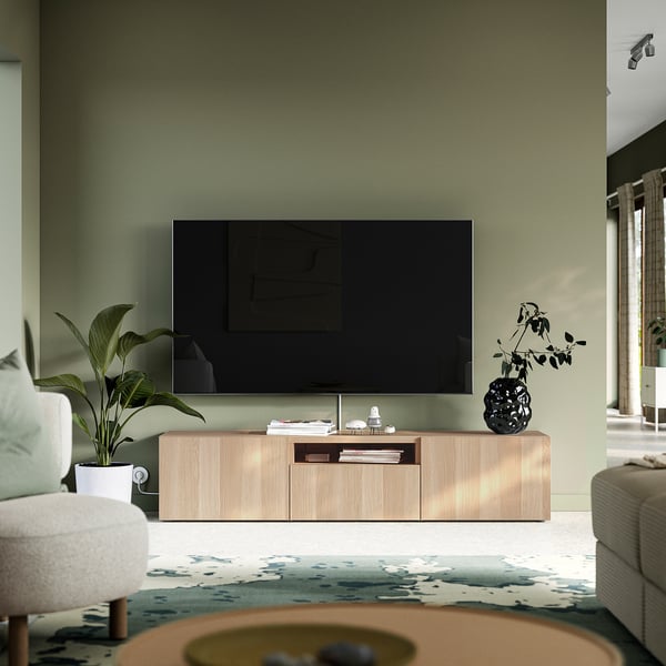 BESTÅ TV bench, white stained oak effect/Lappviken white stained oak effect, 180x42x39 cm