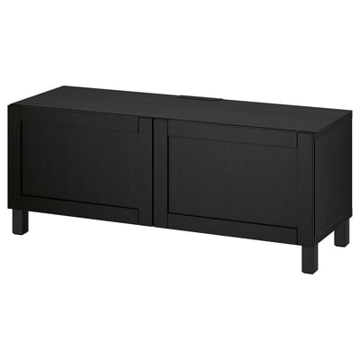Black ikea BESTÅ minimalist storage tv bench, rectangular with 2 cabinet doors.