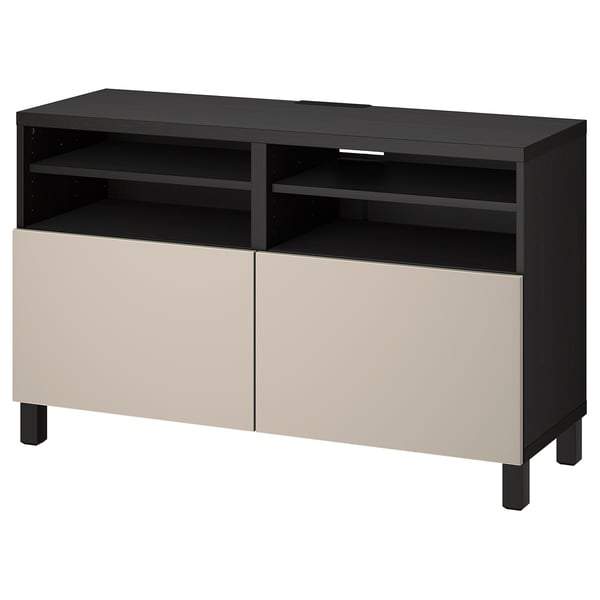Modern black and beige tv stand. Two-tone design with black top and legs, beige drawers. Open shelves, adjustable interior.