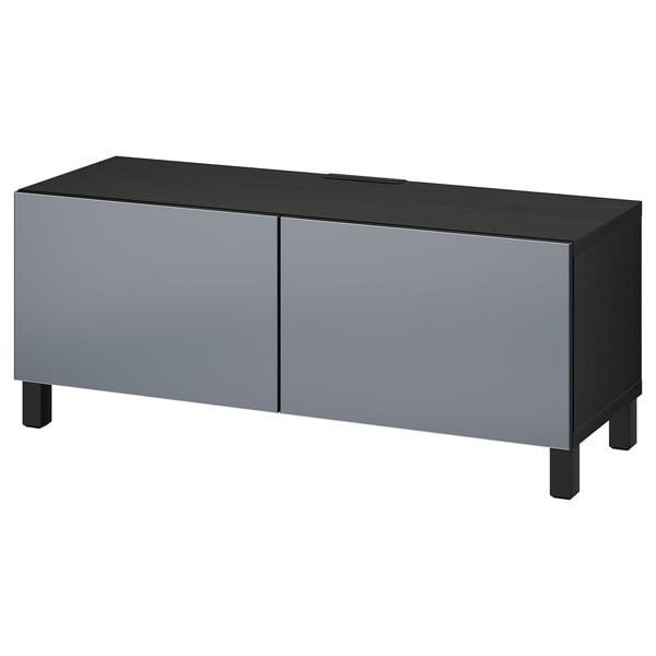 Modern black tv stand with grey doors, rectangular shape, minimalist design.