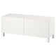 White BESTÅ tv unit, minimalist design with two doors, sleek metal legs.