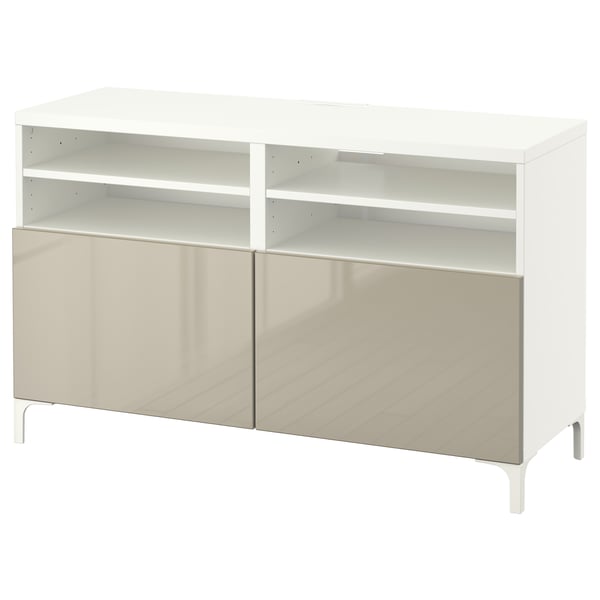 White BESTÅ tv cabinet with two gray doors and open shelves.