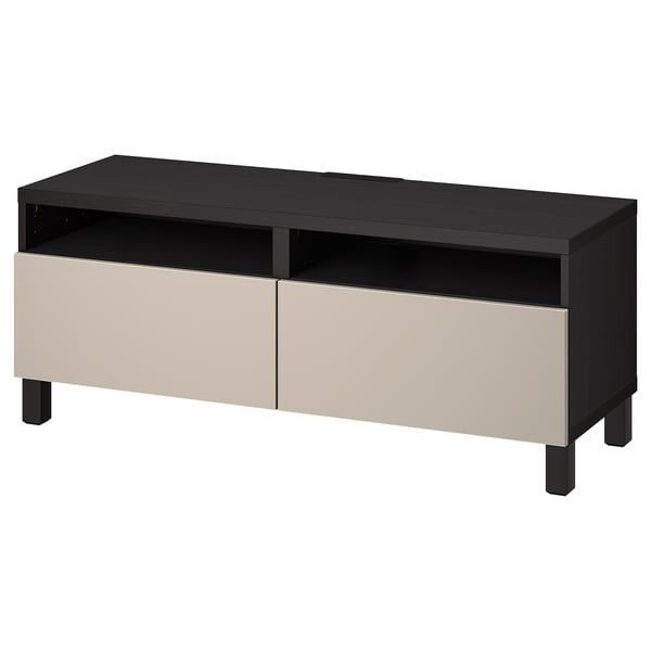 Black and beige tv stand with two drawers and open shelves. Modern design for cable management and storage.