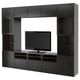 Black BESTÅ tv unit multiple cabinets and shelves for storage, with a central space for a tv.