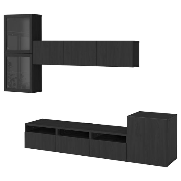 Black BESTÅ tv storage combo, minimalist & modern. Shelves, drawers, & wall cabinets. Dark wood finish.