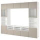 Modern BESTÅ tv unit in beige, featuring open and closed storage. Soft-close doors and drawers, cable management, and adjustable shelves.