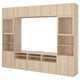 A light wood-colored BESTÅ tv storage unit. It shelves, drawers, and glass doors for organised storage.